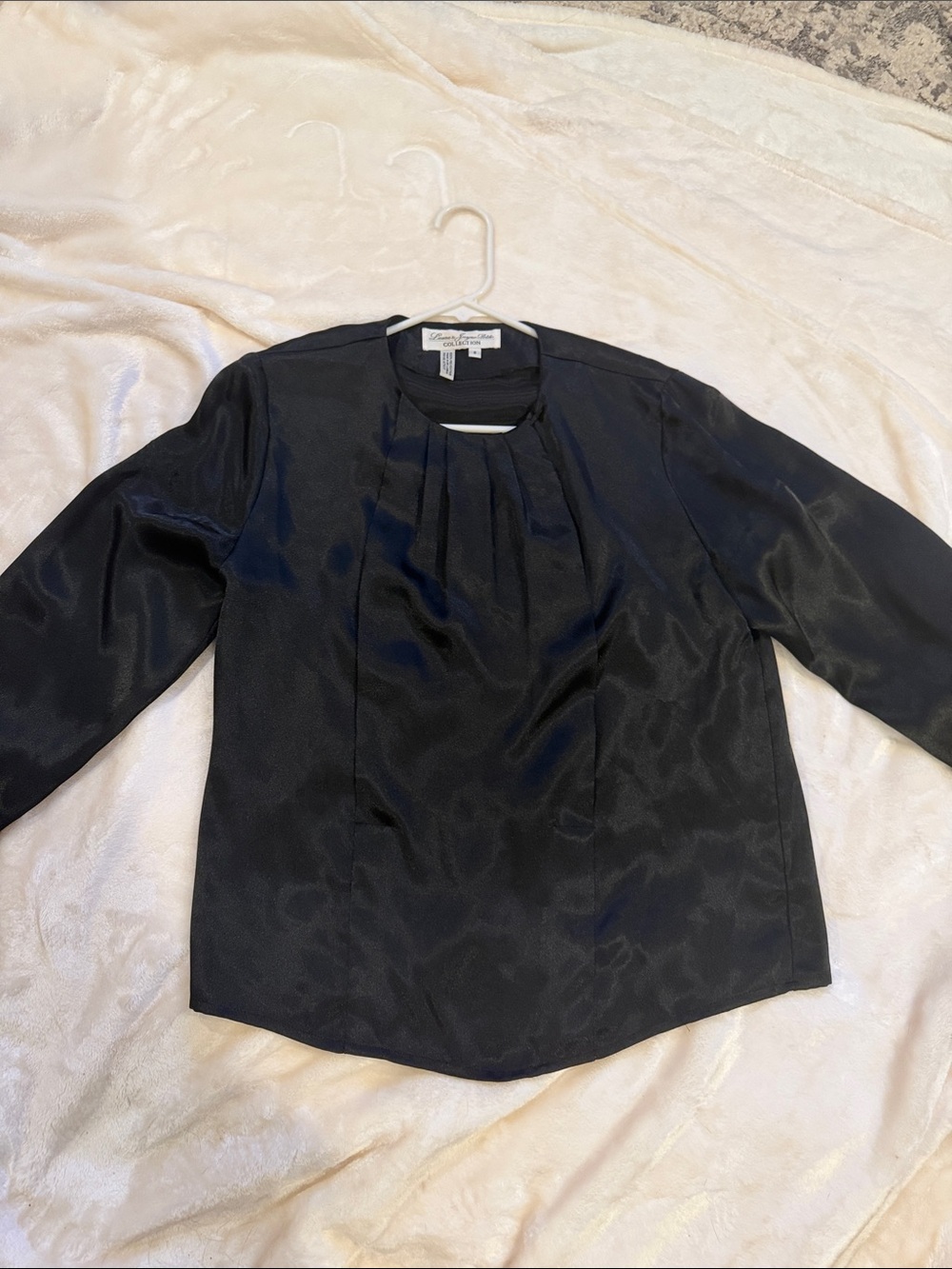 St. John Collection Black Satin-Blend Pleated Front Long-Sleeve Top